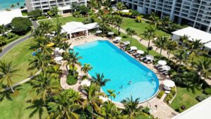Treasure Island Resort Gold Coast aerial view with pool.