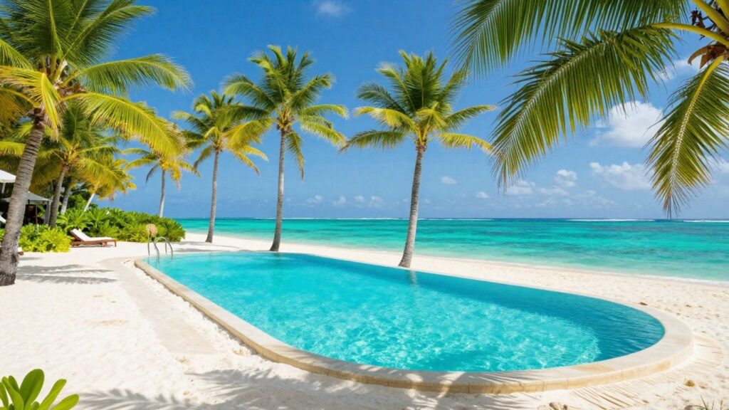 Tropical beach with palm trees and clear blue water.