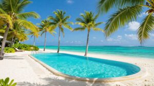 Tropical beach with palm trees and clear blue water.