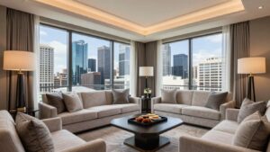 Luxury hotel suite with Melbourne skyline view.