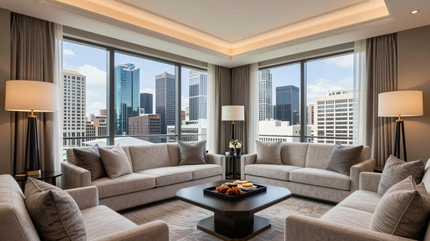 Luxury hotel suite with Melbourne skyline view.