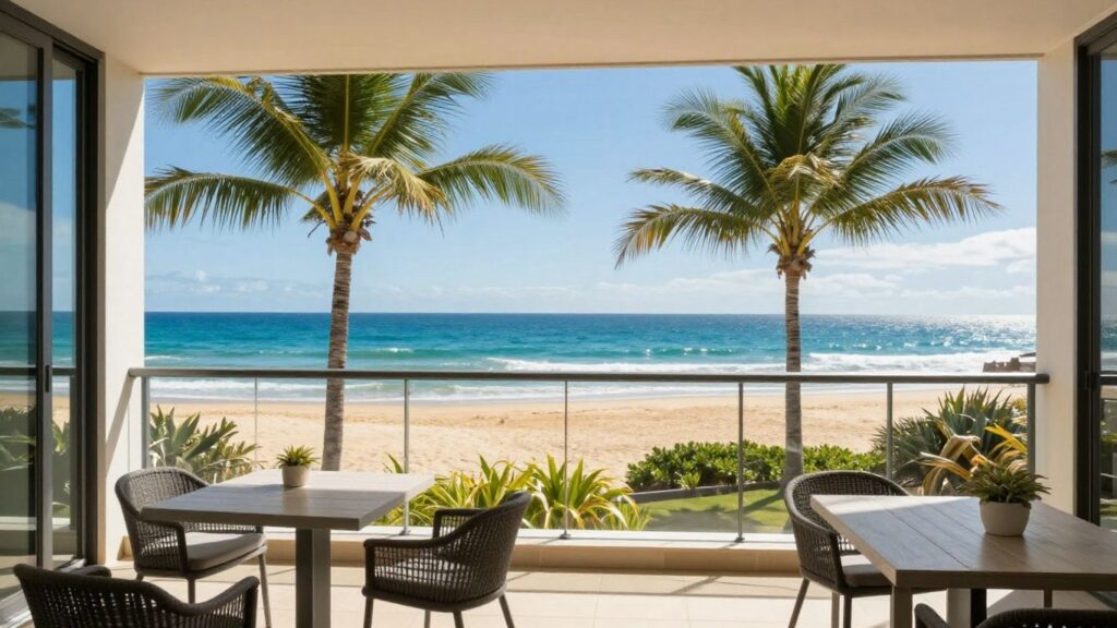 Luxury Broadbeach apartment balcony with ocean and beach view.
