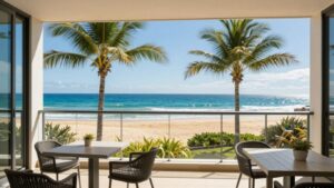 Luxury Broadbeach apartment balcony with ocean and beach view.