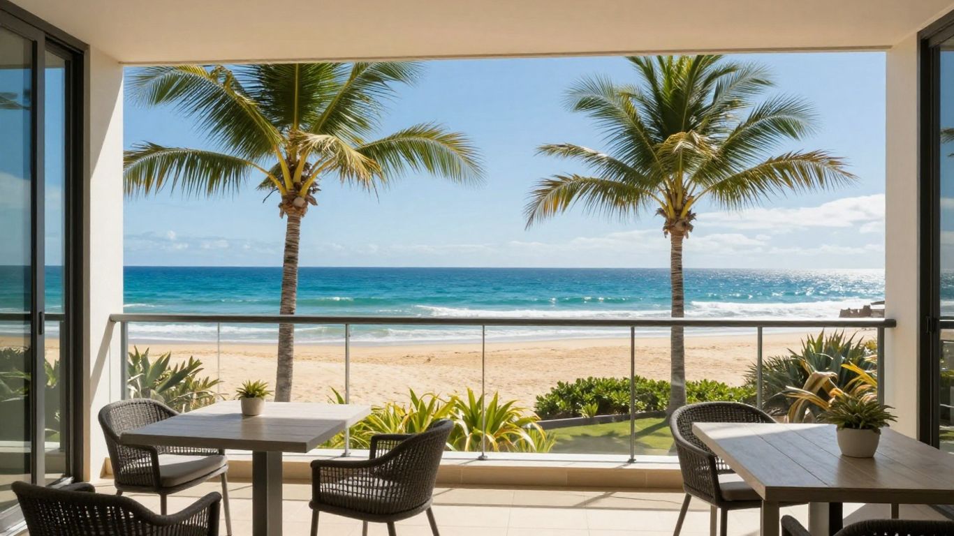 Luxury Broadbeach apartment balcony with ocean and beach view.