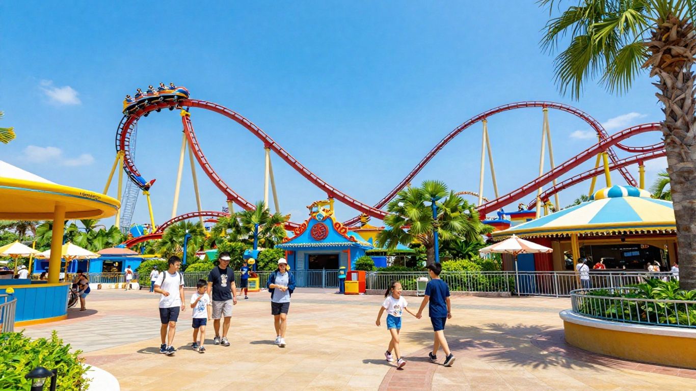 Theme park with roller coasters and happy families.
