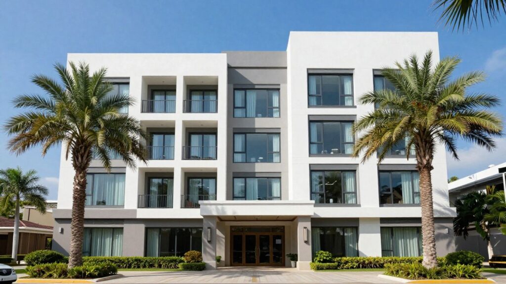 Oaks Darwin Elan Hotel exterior with palm trees and blue sky.