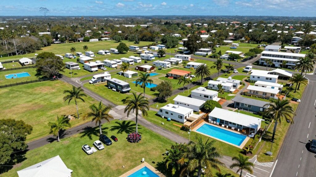 Big 4 Gold Coast Holiday Park aerial view with pools and cabins.